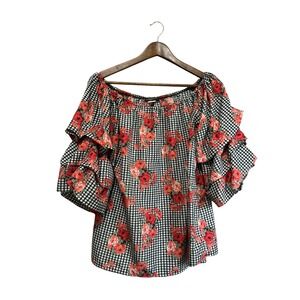 Vivid Importers Black Gingham Floral Ruffle Sleeve‎ Off Shoulder Top Women's L